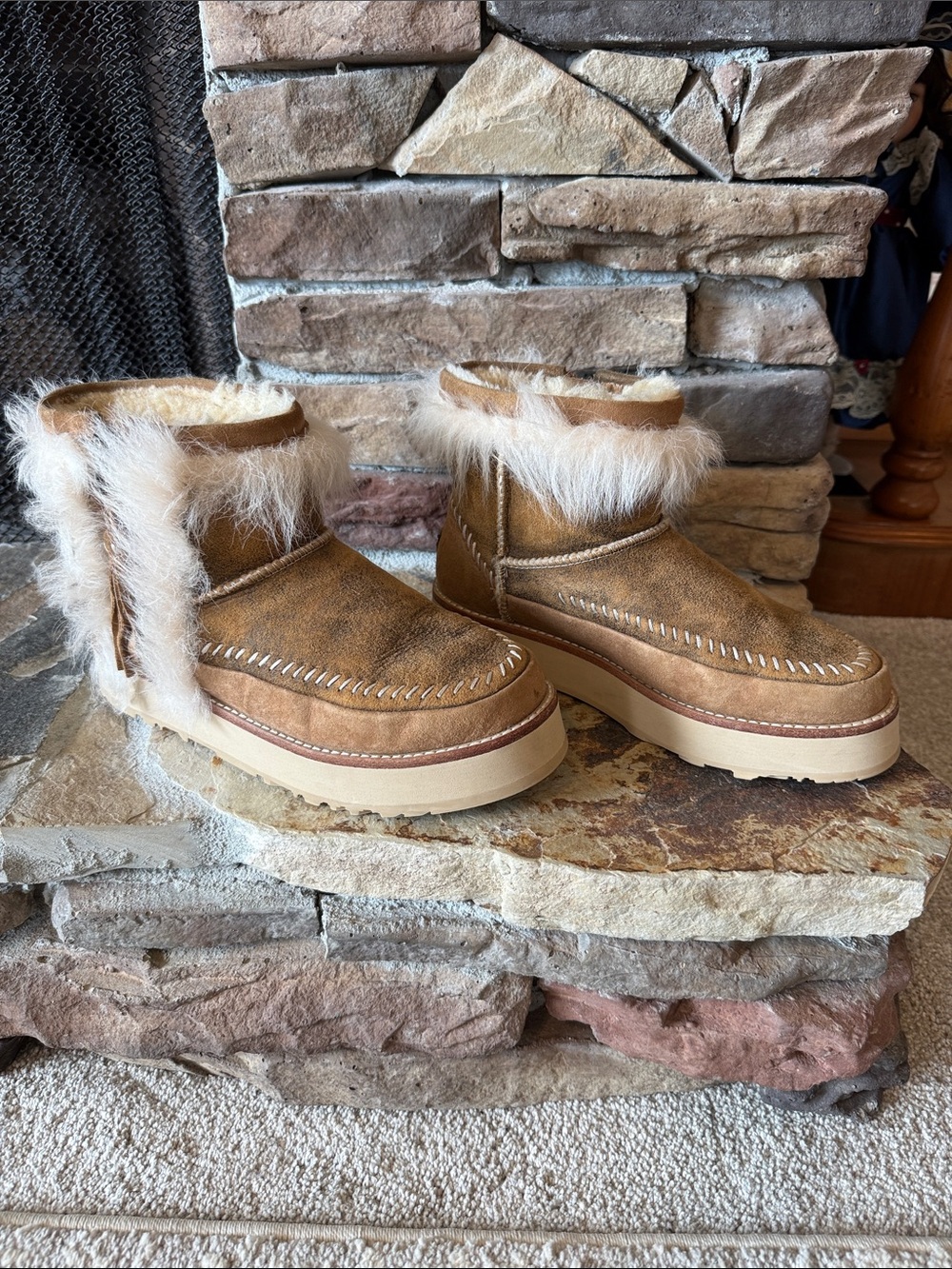 UGG Chestnut Suede Faux-Fur Cuffed Platform Slippers